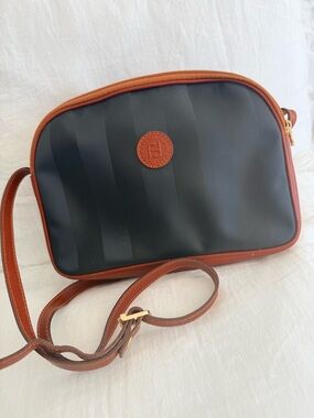Fendi vintage Navy and Brown Crossbody Shoulder Bag with Logo Patch